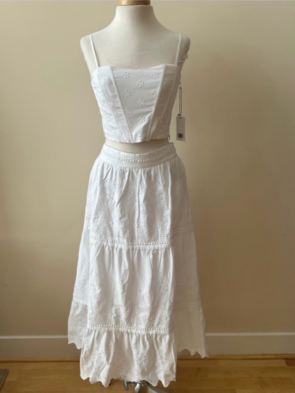 White Eyelet Maxi Skirt - Feminine Summer Tiered Skirt